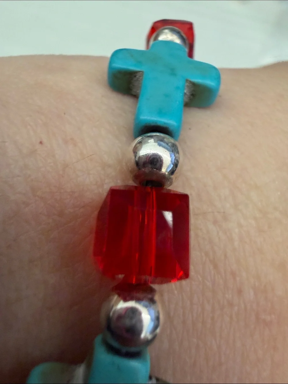 Sterling silver Turquoise Cross Bracelet with Red Crystal Accents
